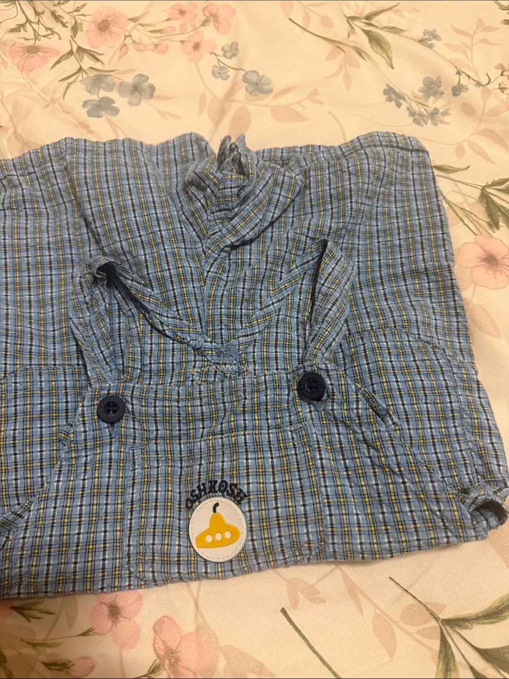OshKosh B'gosh Blue dungarees cotton Plaid Overalls with Yellow Patch size 12M